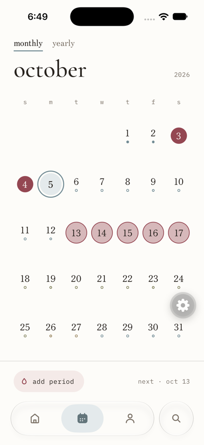 Plum’s monthly calendar with logged period days, predicted days, and an add-period button.