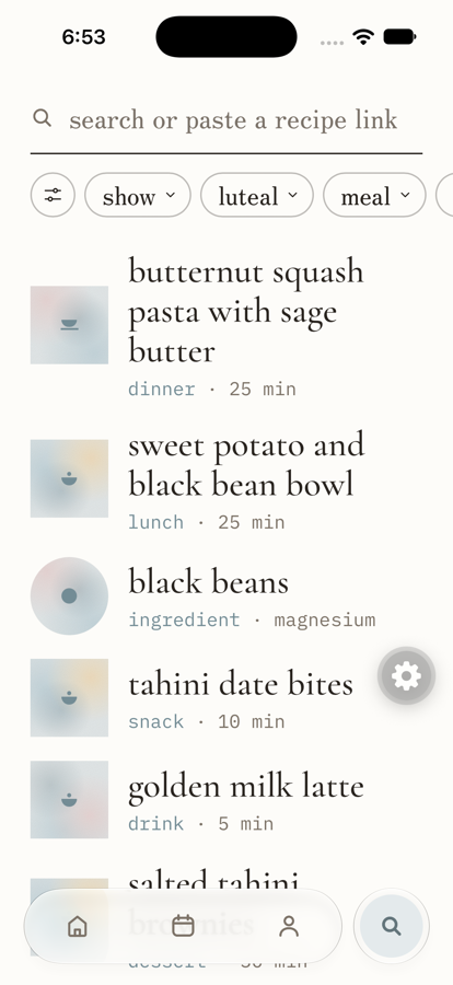 Plum’s recipe search with phase and meal filters, recipes, and ingredients.